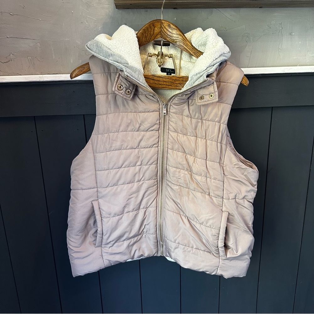Sky Plus Sky Plus‎ 2X Taupe Quilted Hooded Casual Zip Up Vest